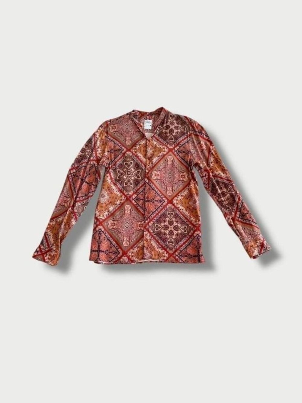 Zara Patchwork Boho Tile Pattern Button Up Long Sleeve Shirt Sm Blouse
